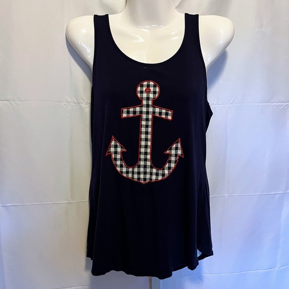 Cupio Anchor Patch Tank Top Navy Gingham Sleeveless Women’s Small Patriotic USA - Picture 1 of 5